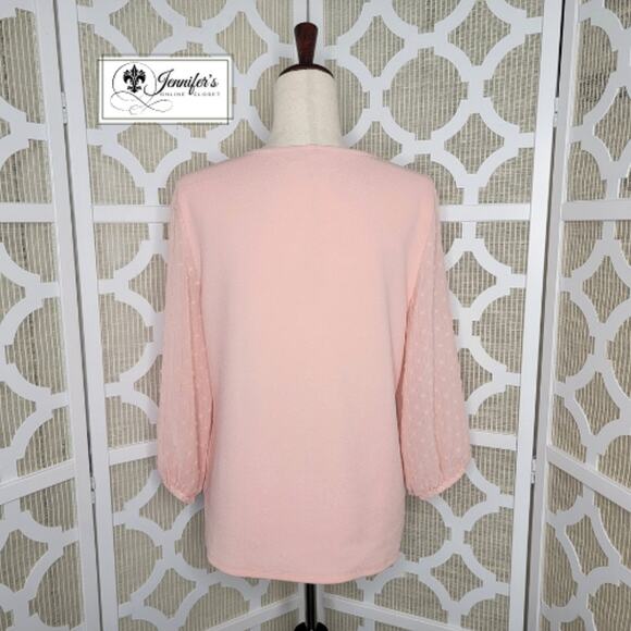 Elle Women's Pink Sheer Swiss Dot Long Sleeve Blouse with Scarf Size L - Picture 11 of 15